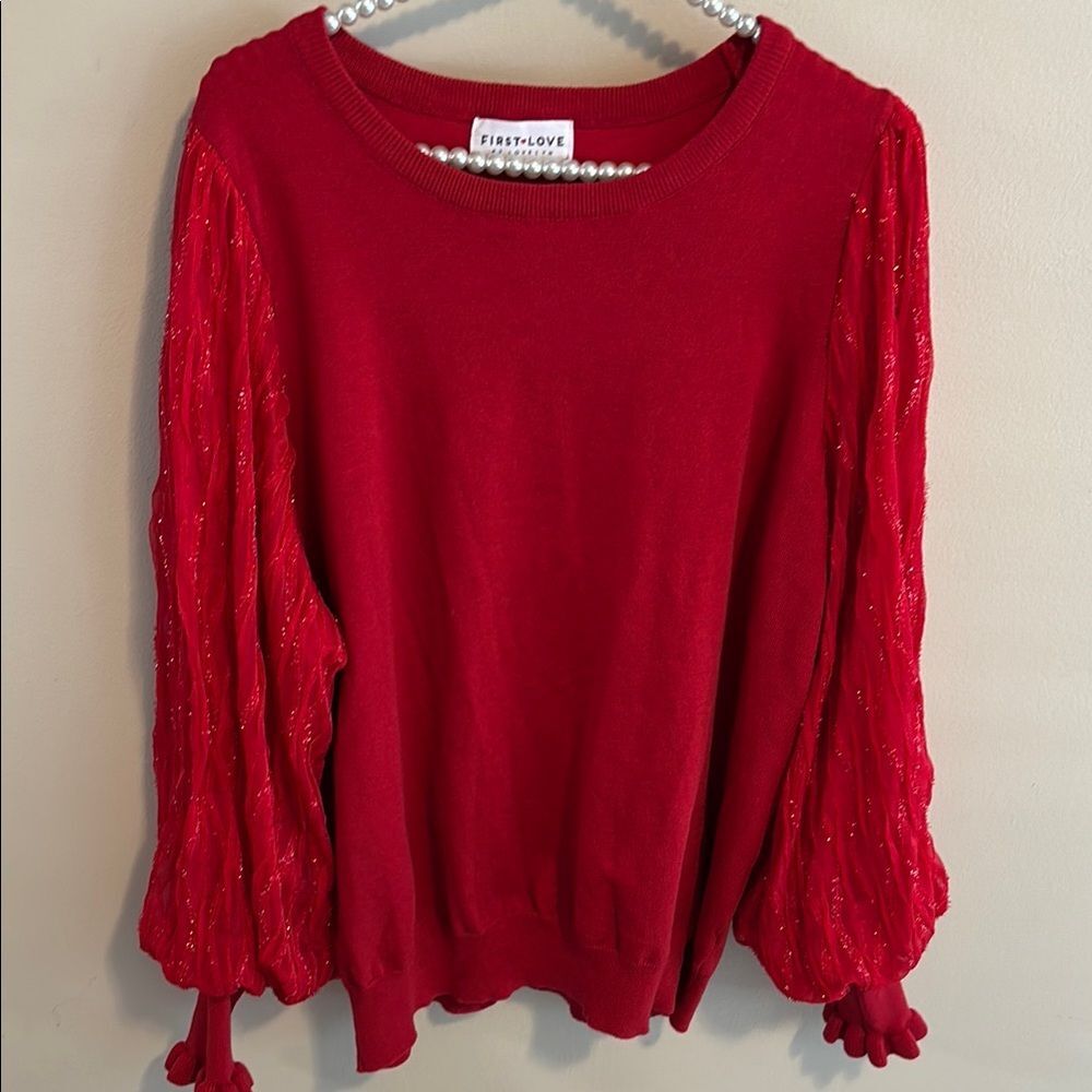 First Love Red Sweater 3X Plus Size Metallic Sparkle Textured Balloon Sleeve